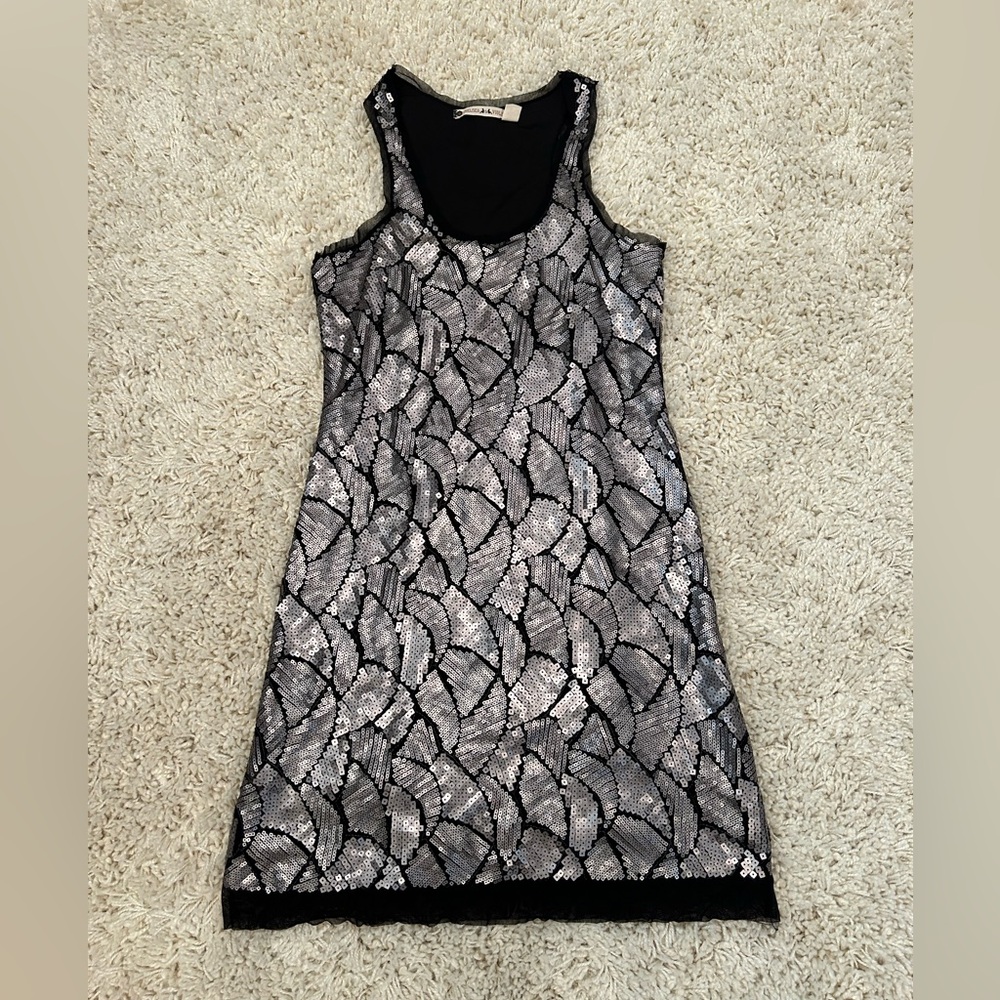 Chelsea & Violet XS scooped neck fitted elastic black dress with silver sequins